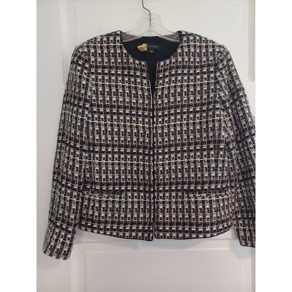 Ann Taylor black blue cream tweed jacket 4 lined blazer classic professional
